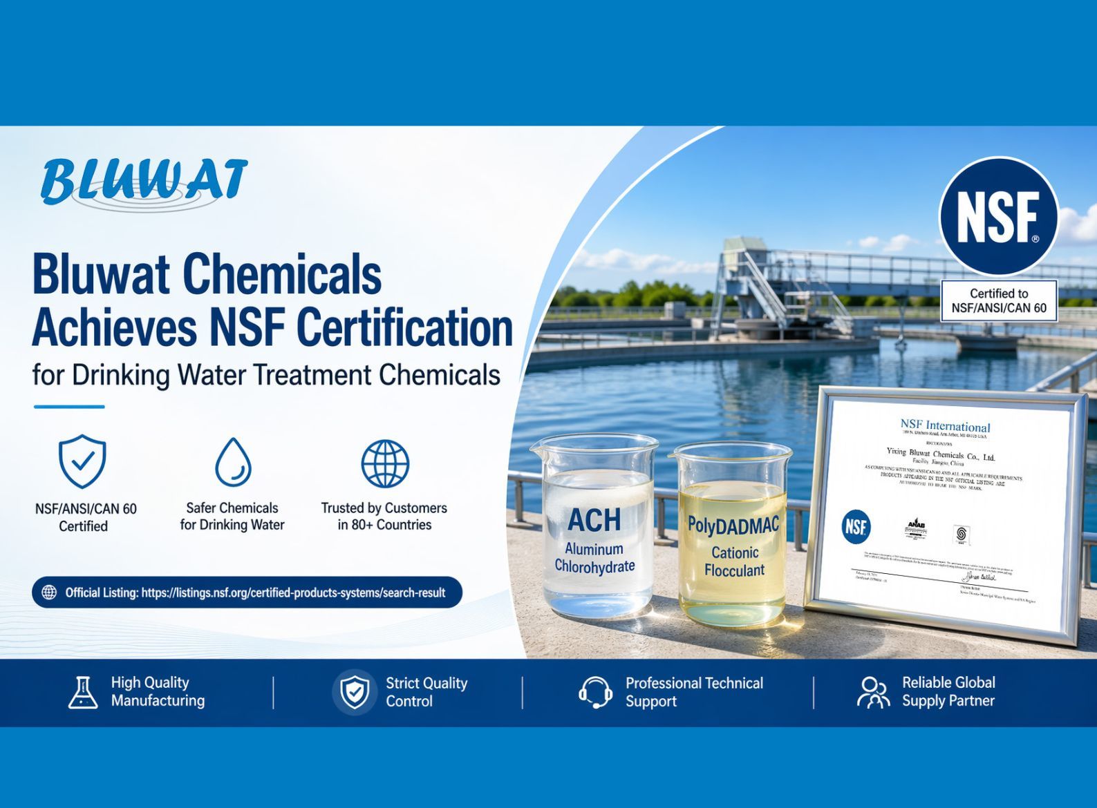Τελευταία εταιρικά blogs για Bluwat Chemicals λαμβάνει πιστοποίηση NSF για χημικά επεξεργασίας πόσιμου νερού